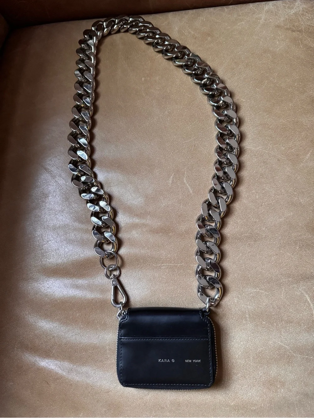 Kara New York Bike Wallet Black Leather Chunky Silver curb Chain Crossbody Bag - Picture 7 of 16